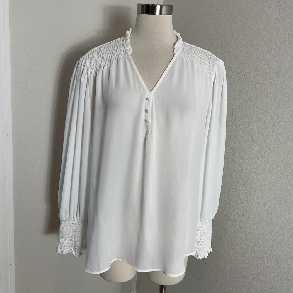 Tahari Blouse Womens 2X White Smocked Long Sleeve Ruffle V Neck Top Boho